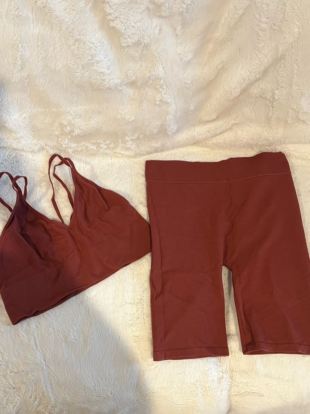 Bozzolo Ribbed Bralette and Bike Shorts Set - Rust Red